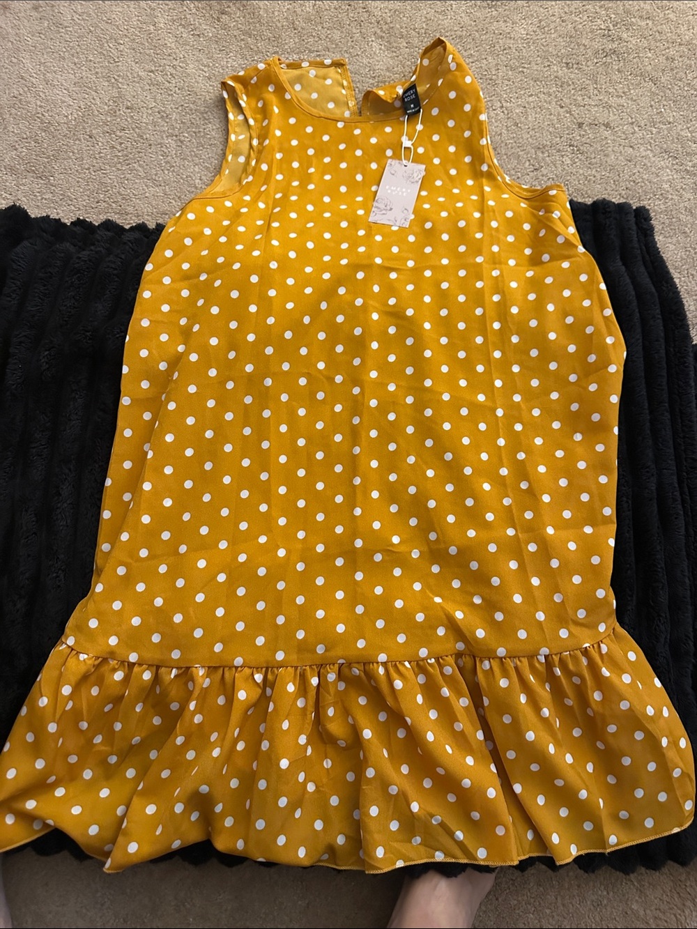 Sleeveless Mustard Yellow Polka Dot Midi Dress with Ruffle Hem